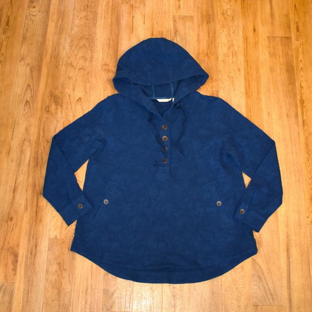 Soft Surroundings Hooded Pullover Women Large Blue NEW Paisley Henley Hoodie‎